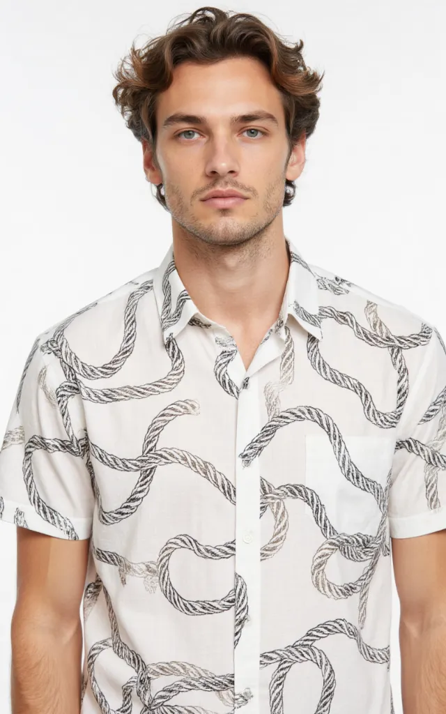 A French model wearing a Rope pattern   printed shirt, against a white background, in a front   facing bust portrait